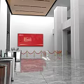 Modern Front Desk Reception Area With Red Digital Screen Marble Floor And Red Velvet Ropes