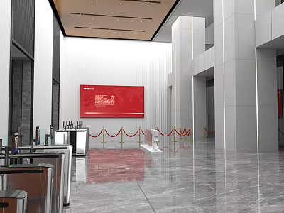 Modern Front Desk Reception Area With Red Digital Screen Marble Floor And Red Velvet Ropes 3d model