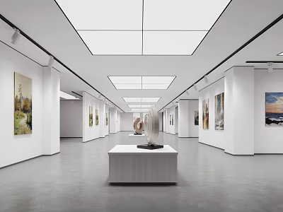 Modern Art Gallery Spacious Interior With Wall Paintings And Central Pedestal Table 3d model