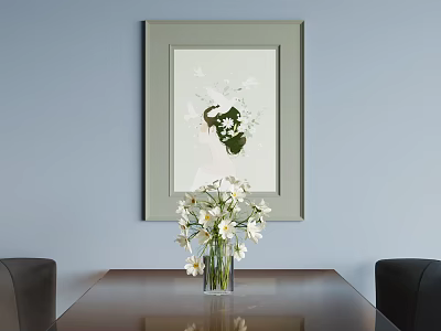 Framed Abstract Painting With Female Silhouette And Flowers On Wooden Table With Vase 3d model