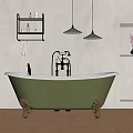 Green Bathtub with Golden Feet and Pendant Lights Shelves Flowers in Bathroom
