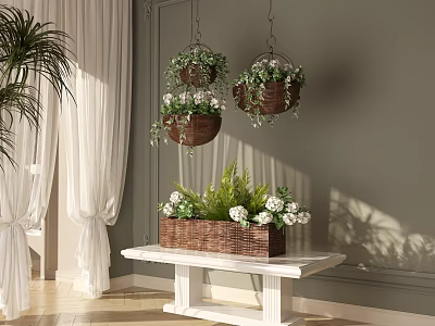 Indoor Hanging Basket Plants Decor with White Flowers Green Leaves and Natural Light Curtains 3d model