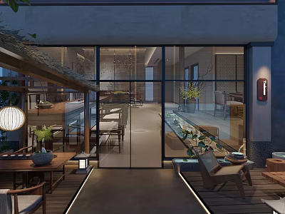 Modern Clubhouse Exterior Featuring Glass Facade Wooden Deck Plants And Interior Lounge Seating 3d model