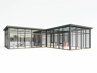 Elegant Modern Glass Sunshade Structure Design With Furniture Plants And Bicycle 3d model