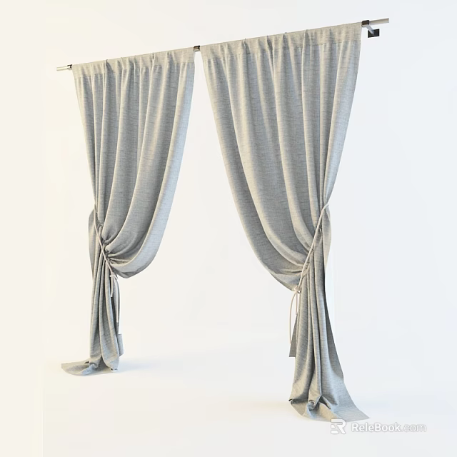 Gray Fabric Curtains With Double Panel Tied Design For Modern Home Decor 3d model 