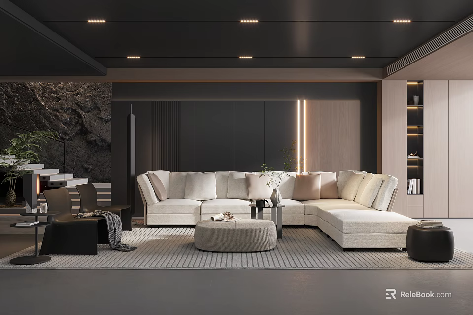 Modern Living Room Interior With Sectional Sofa Stone Wall And Area Rug 3d model 