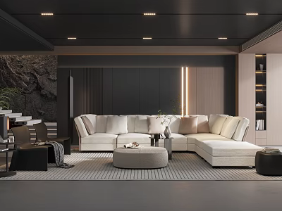 Modern Living Room Interior With Sectional Sofa Stone Wall And Area Rug 3d model