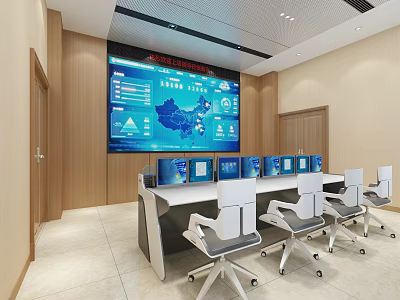 Modern Monitoring Room Featuring Large Data Display Screen Multiple Monitors And Control Desk 3d model