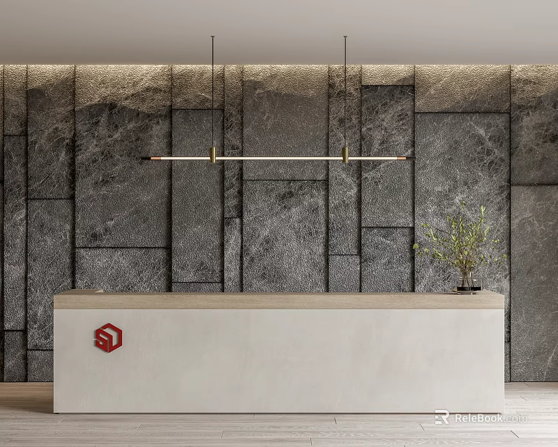 Modern Reception Desk With Light Colored Countertop Red Logo Green Plant And Gray Stone Wall 3d model 