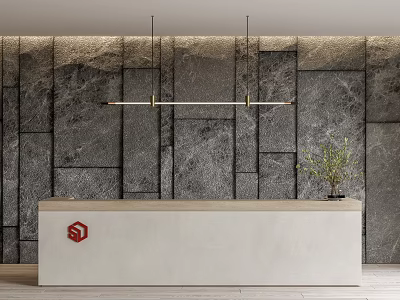 Modern Reception Desk With Light Colored Countertop Red Logo Green Plant And Gray Stone Wall 3d model