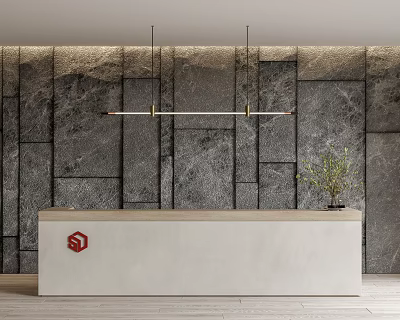 Modern Reception Desk With Light Colored Countertop Red Logo Green Plant And Gray Stone Wall 3d model