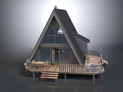 Modern Triangular Cabin with Black Roof Large Glass Windows Wooden Deck Table Chairs and Steps 3d model