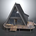 Modern Triangular Cabin with Black Roof Large Glass Windows Wooden Deck Table Chairs and Steps
