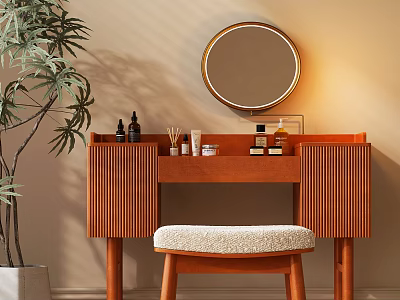 Cozy Wooden Dressing Table With Round Illuminated Mirror Skincare Products Padded Stool And Green Plant 3d model