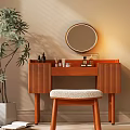 Cozy Wooden Dressing Table With Round Illuminated Mirror Skincare Products Padded Stool And Green Plant