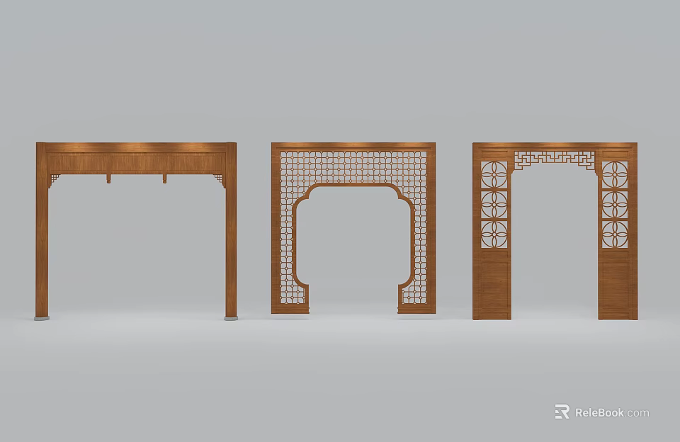 Decorative Wooden Door Frames Featuring Intricate Lattice Patterns And Three Different Designs 3d model 