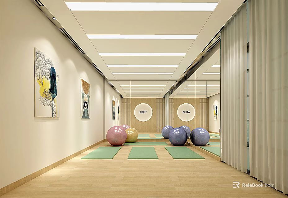 Bright Fitness Studio With Yoga Mats Exercise Balls And Mirrored Walls 3d model 