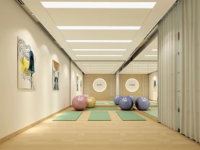 Bright Fitness Studio With Yoga Mats Exercise Balls And Mirrored Walls 3d model