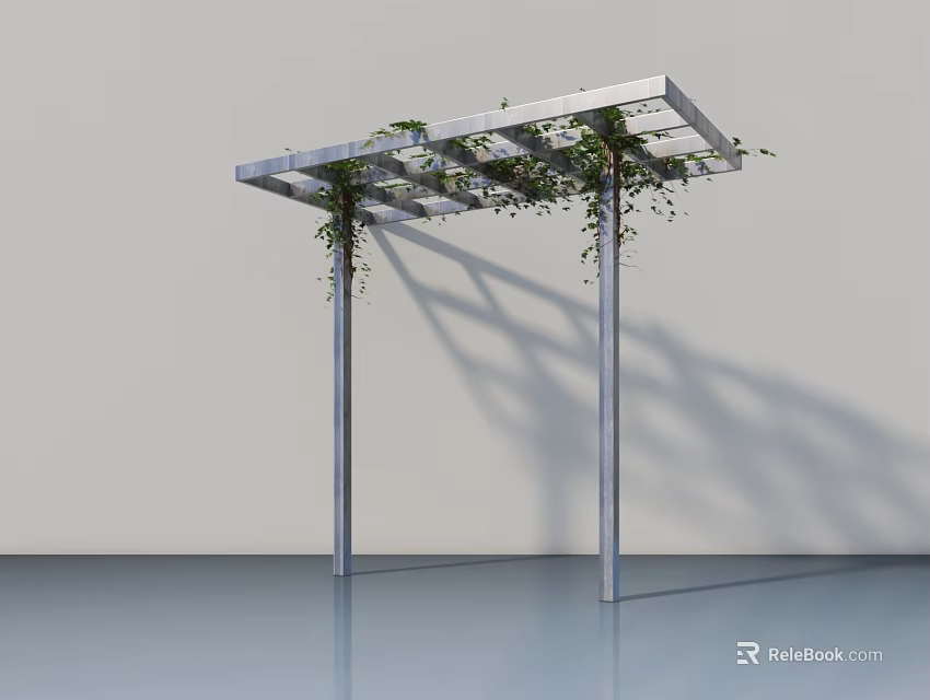 Modern Metal Garden Pergola With Climbing Vines Four Pillars And White Wall 3d model 