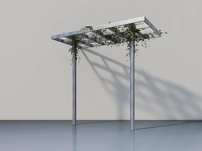 Modern Metal Garden Pergola With Climbing Vines Four Pillars And White Wall 3d model
