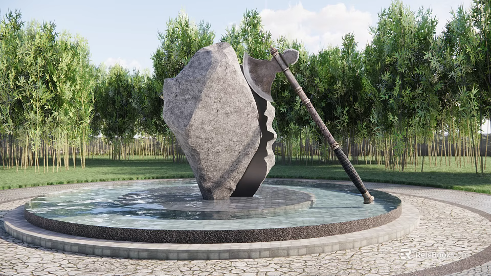 Garden Ornament Featuring Circular Water Pool Large Stone Axe With Surrounding Trees And Grass 3d model 