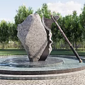 Garden Ornament Featuring Circular Water Pool Large Stone Axe With Surrounding Trees And Grass