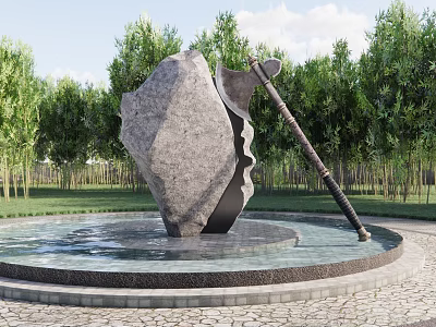 Garden Ornament Featuring Circular Water Pool Large Stone Axe With Surrounding Trees And Grass 3d model
