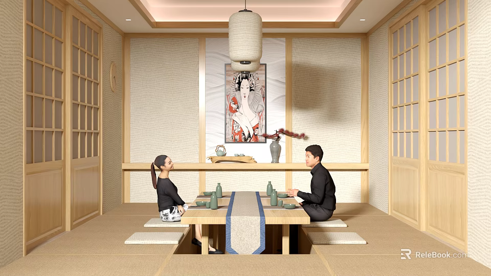 Traditional Japanese Tatami Private Room With Two People Tea Set Decorative Painting And Lantern 3d model 