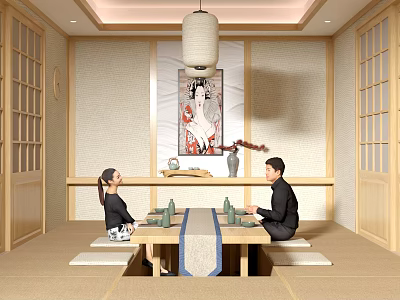 Traditional Japanese Tatami Private Room With Two People Tea Set Decorative Painting And Lantern 3d model