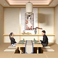 Traditional Japanese Tatami Private Room With Two People Tea Set Decorative Painting And Lantern