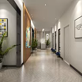 Modern Shop Front Desk in Corridor With Decorative Paintings Green Plants Rug And Chairs
