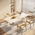Modern Wooden Dining Table Set With Chairs Fruit Bowl Flower Vase Shelf And Blinds