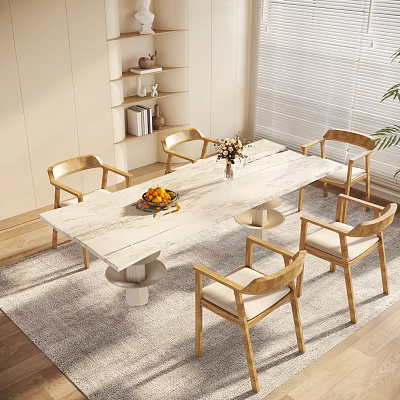 Modern Wooden Dining Table Set With Chairs Fruit Bowl Flower Vase Shelf And Blinds 3d model