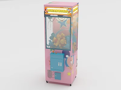 Pink Claw Machine with Candy World Sign Yellow Teddy Bears Inside and Star Decorations 3d model