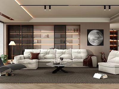 Modern Living Room Interior With Large Sofa Moon Art And Shelves 3d model