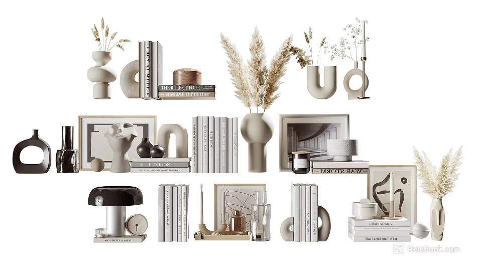 Modern Ornamental Decor Set With Vases Books Photo Frames And Dried Plants 3d model 