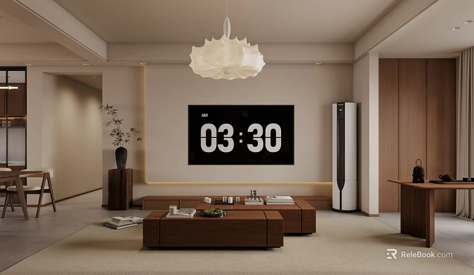Cozy Neutral Tone Living And Dining Room Interior With Elegant Wooden Furniture And Soft Lights 3d model 