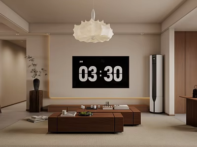 Cozy Neutral Tone Living And Dining Room Interior With Elegant Wooden Furniture And Soft Lights 3d model