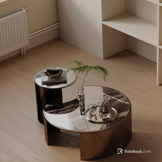 Modern Sofa and Coffee Table Set with Round Glass Top and Metal Frame Decorative Plants 3d model 