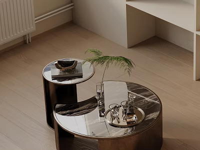 Modern Sofa and Coffee Table Set with Round Glass Top and Metal Frame Decorative Plants 3d model