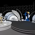 White Circular Stage Design with 25 Golden Trophy Geometric Decorations and Lighting Elements 3d model