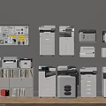 Workplace Office Equipment Display Featuring White Machines Filing Cabinets and Notice Board
