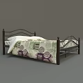 Double Bed With Curved Iron Frame And Purple Green Pattern Bedspread White Pillows