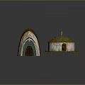 Rustic Dome Shaped Building with Yellow Brown Roof Arched Blue Door and Light Walls
