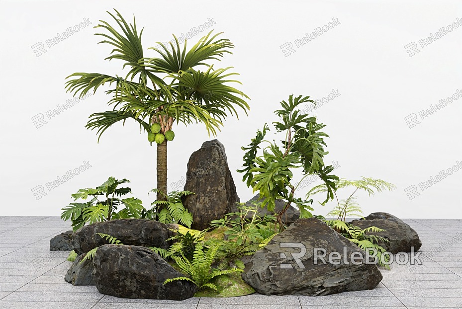 Modern Landscape Stone Micro-terrain Green Planting Palm Trees Courtyard Setches Landscape Landscaping model