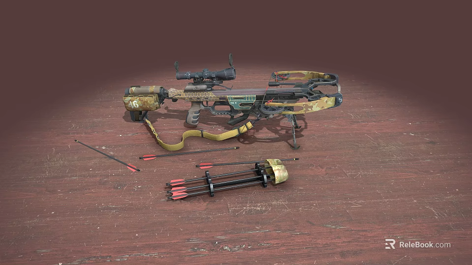 Hunting Compound Bow With Scope Arrows And Quiver Displayed On Wooden Floor 3d model 