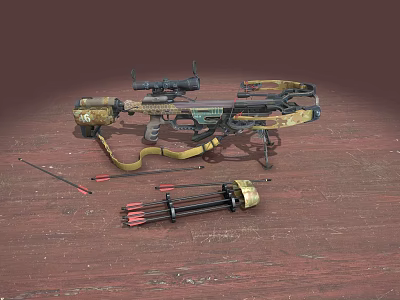 Hunting Compound Bow With Scope Arrows And Quiver Displayed On Wooden Floor 3d model