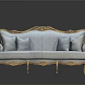 Elegant Classical Multi Person Sofa With Light Blue Upholstery Gold Carved Accents And Plush Decorative Cushions