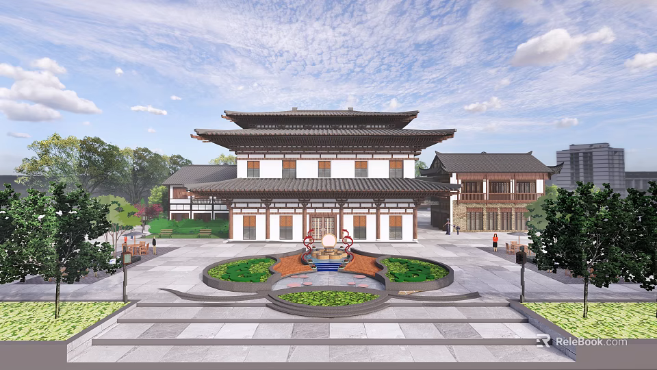 Traditional Ancient Architecture With Multi Layered Roof Courtyard Stone Steps And Green Trees 3d model 