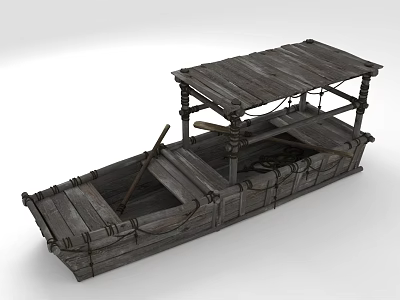 Wooden Boat With Vintage Wooden Roof Oars Ropes And Frame Details 3d model